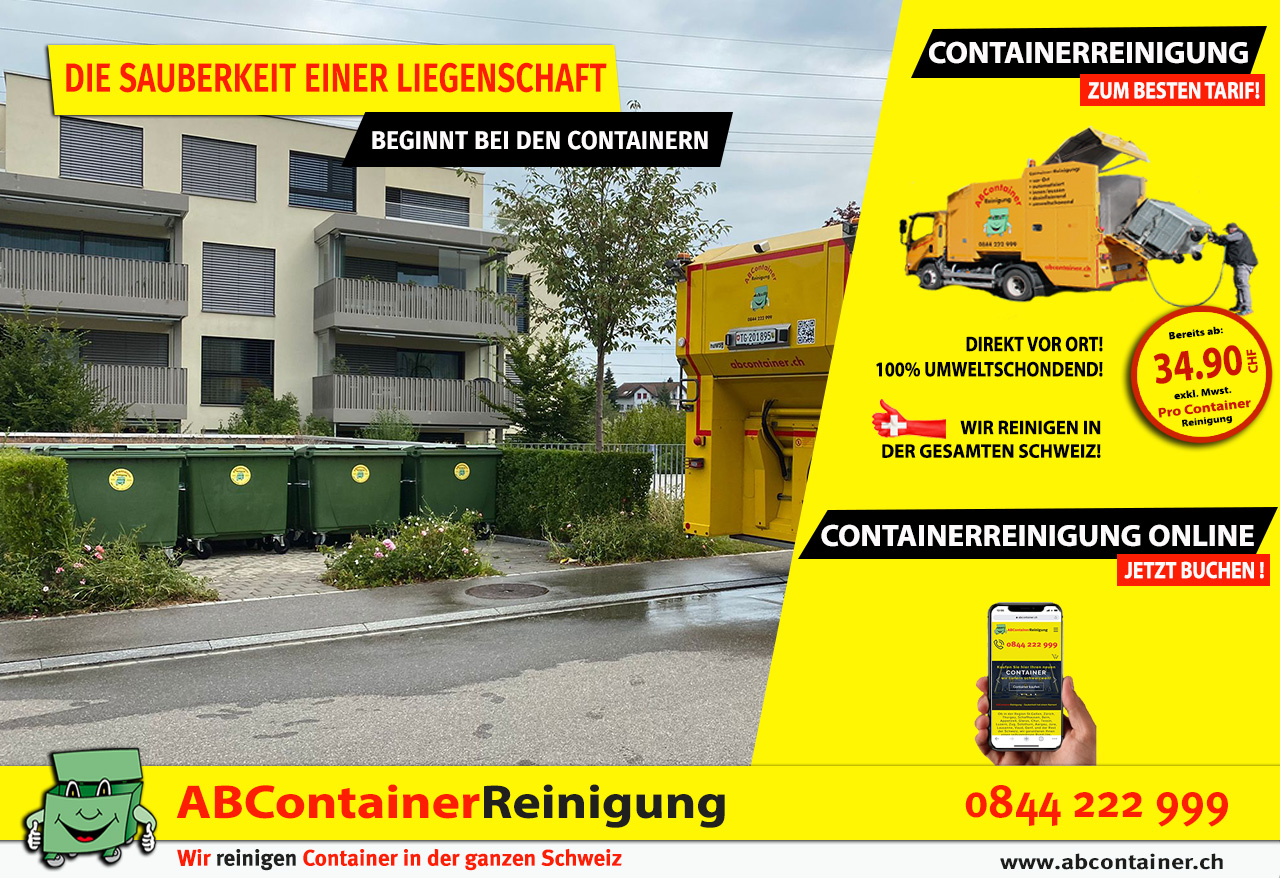 Bildbeschreibung: Die Sauberkeit einer Liegenschaft beginnt bei den Containern! Das Bild zeigt professionelle Reinigungsdienste von ABContainer. Container werden gründlich gereinigt, um einen makellosen Eindruck zu hinterlassen. Text: "Die Sauberkeit einer Liegenschaft beginnt bei den Containern! Unsere professionelle Containerreinigung sorgt dafür, dass Ihre Container makellos sind und den besten ersten Eindruck hinterlassen. Kontaktieren Sie uns für eine individuelle Beratung: Tel. 0844222999 - www.abcontainer.ch #Containerreinigung #Sauberkeit #Liegenschaft #abcontainer