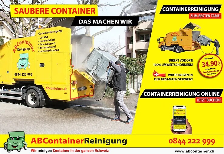 Bildbeschreibung: Ein engagiertes Team von ABContainer in Aktion! Sie reinigen Container mit Hingabe. Text: "Saubere Container - Das machen wir!" Professionelle Reinigungsdienste für einsatzbereite Container. Kontaktieren Sie uns: Tel: 0844222999 Webseite: www.abcontainer.ch. Verlassen Sie sich auf ABContainer für zuverlässige Sauberkeit!