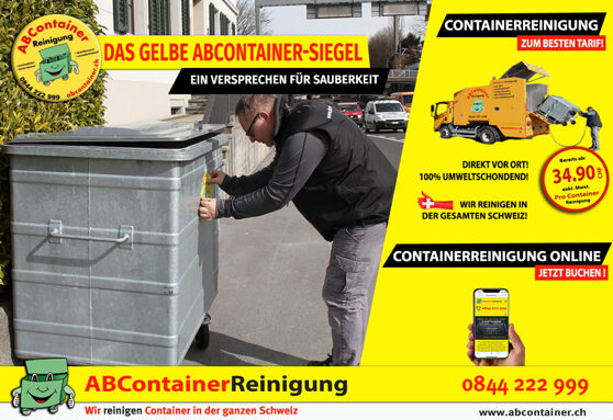  Das Bild zeigt einen sauberen Container mit einem gelben ABContainer-Aufkleber auf seiner Oberfläche. Der Container steht in einer gepflegten Umgebung und strahlt Sauberkeit aus. Der Aufkleber dient als Zeichen dafür, dass der Container von ABContainer professionell gereinigt wurde. Dies verleiht dem Bild eine visuelle Bestätigung der Reinigungsdienste von ABContainer und signalisiert Sauberkeit, Qualität und Zuverlässigkeit